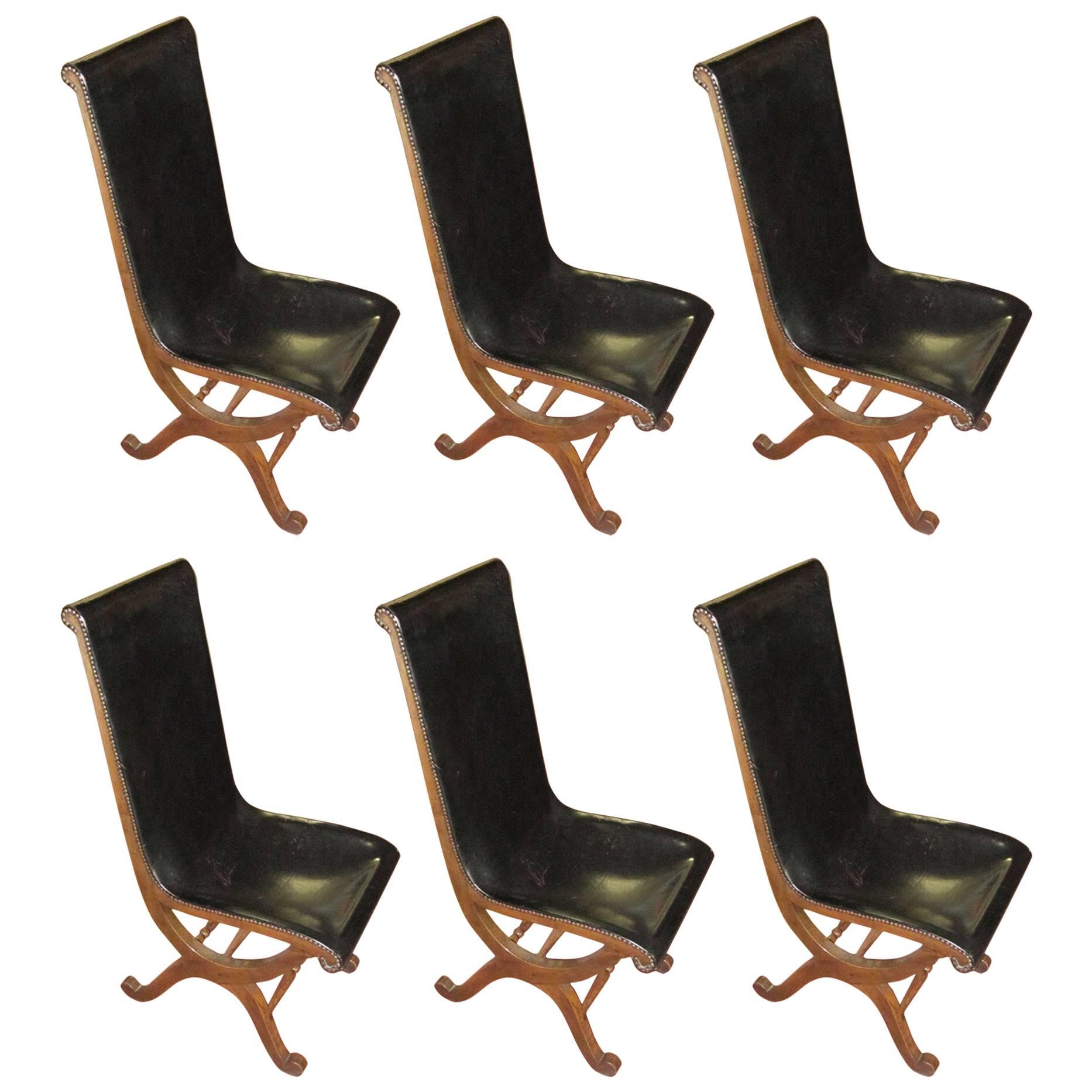 1940s Valenti Set of Six Black Leather Dining Chairs, Spain