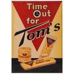 Vintage 1950s Embossed Metal Advertising Sign "Time Out for Tom's"