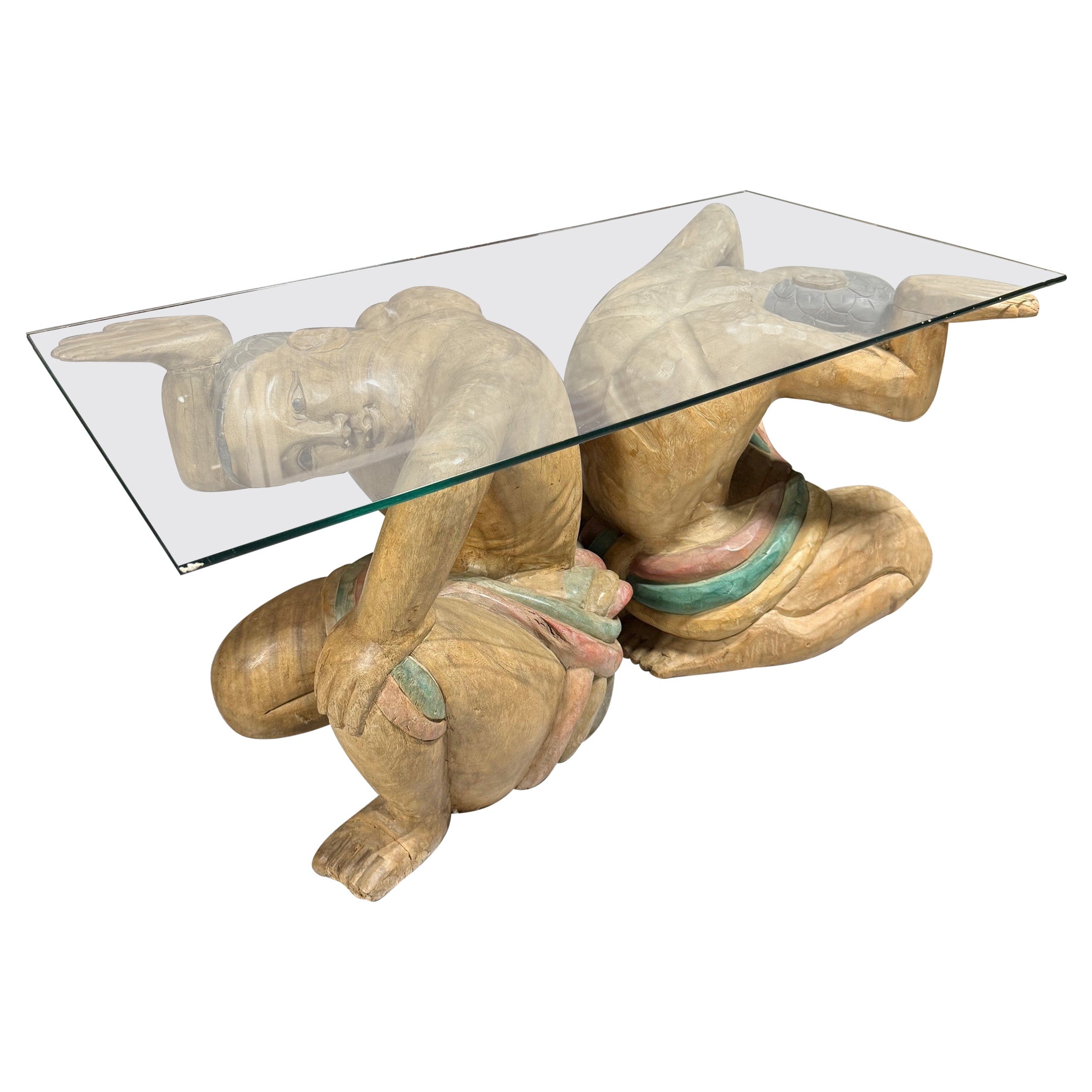 Polychrome Hand Carved Wood Figural Coffee Table, Glass Top
