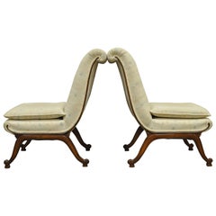 Pair of Vintage Hollywood Regency French Style Rolled Back Slipper Lounge Chairs