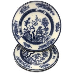 Ensemble de trois grandes assiettes en forme d'arbre indiennes Copeland bleues et blanches