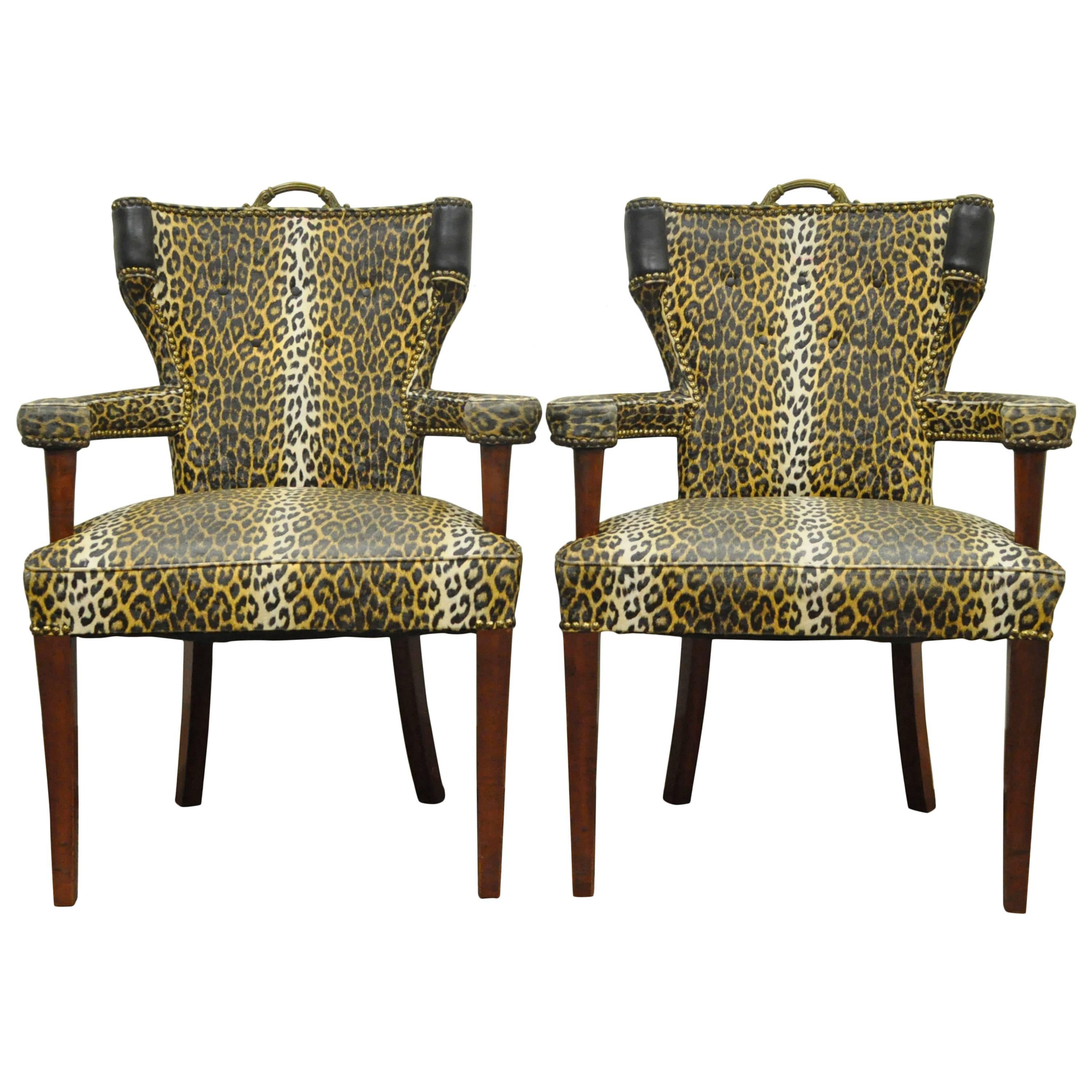 Pair of Dorothy Draper Hollywood Regency Leopard Printed Vinyl Curved Armchairs For Sale
