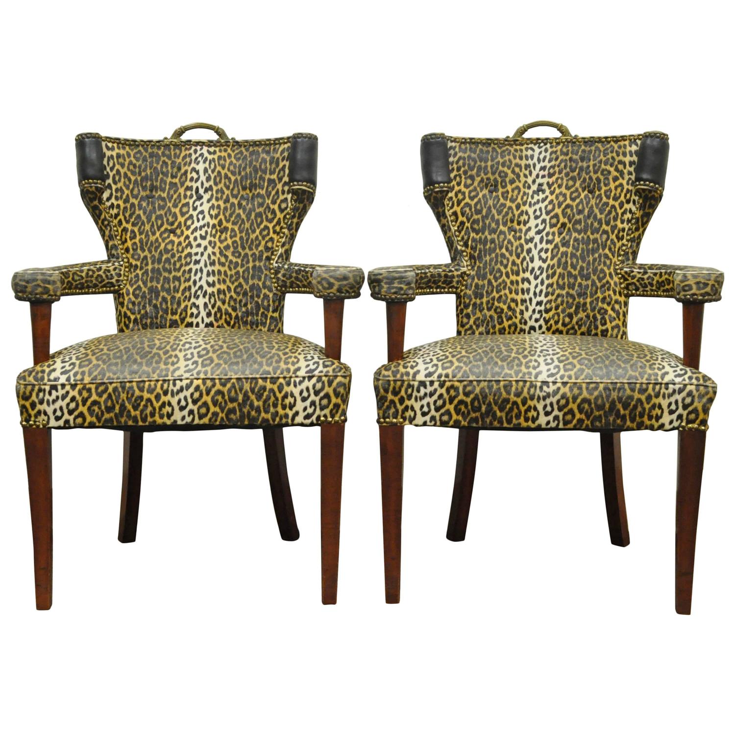 Pair of Dorothy Draper Hollywood Regency Leopard Printed Vinyl Curved