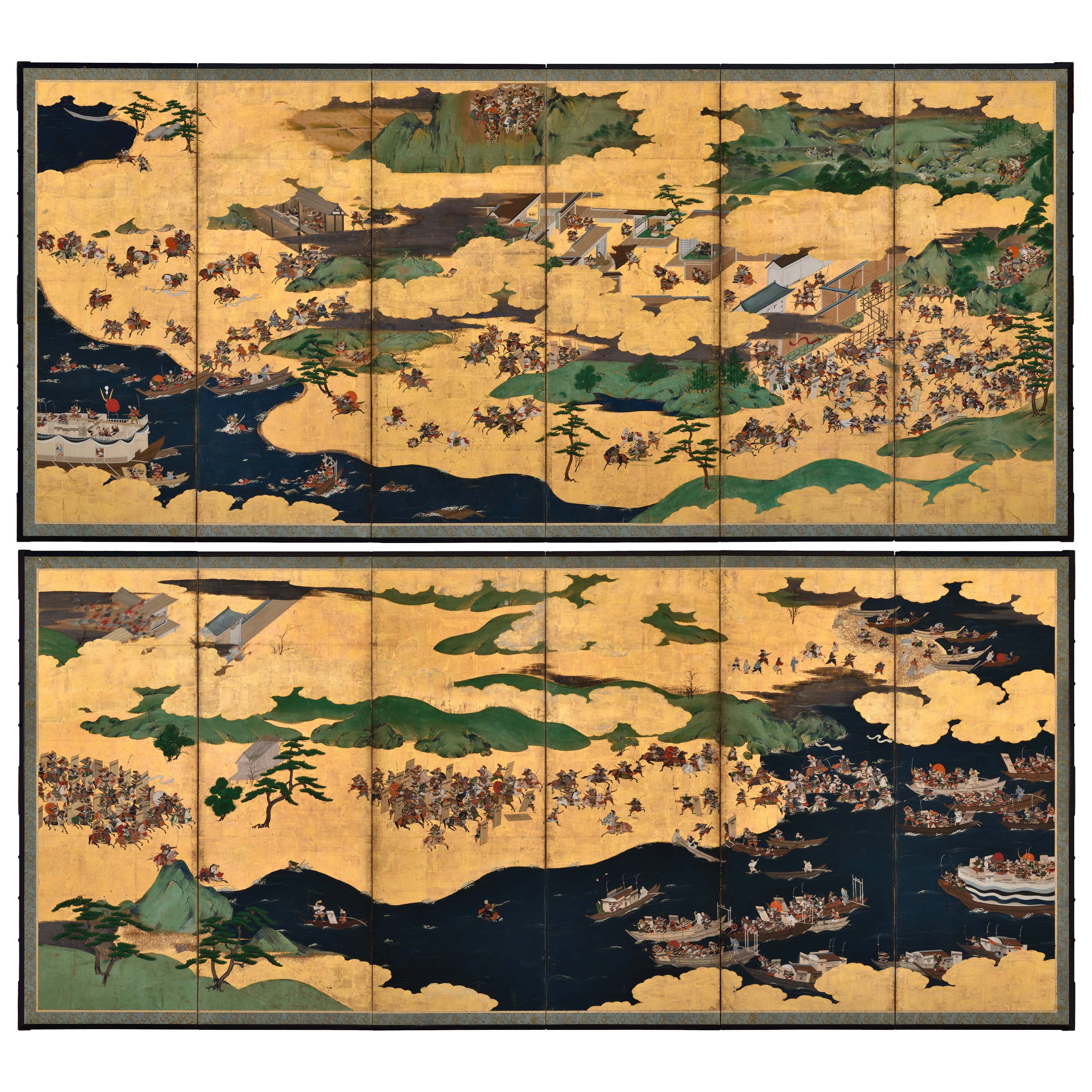 Late 17th Century Japanese Screen Pair. Battle of Ichi-no-tani and Yashima.