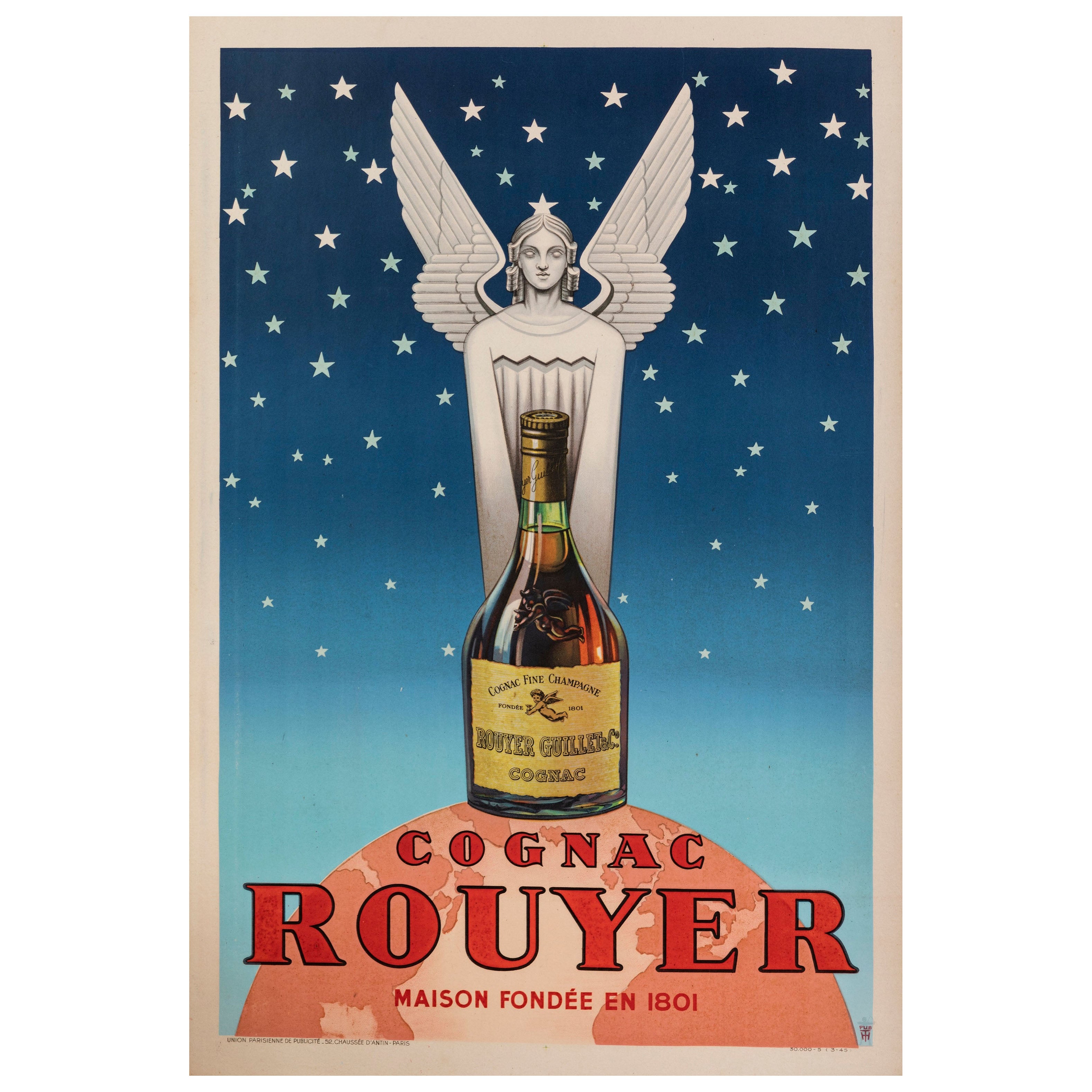 Original-Vintage-Poster, Cognac Rouyer, Likör, Engel, Sternbildhauer, Globus, 1945 im Angebot