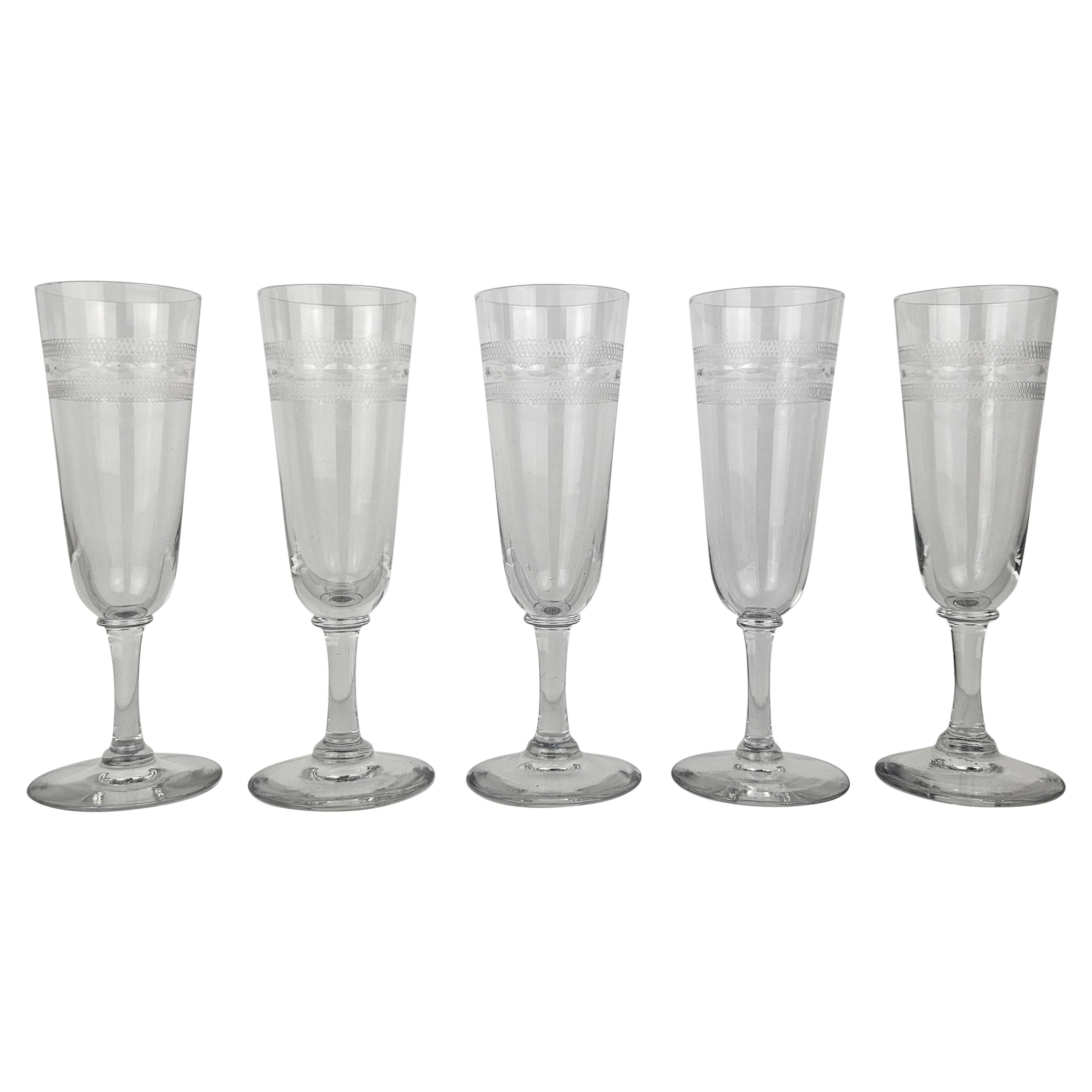 Set of Five French Champagne Flutes in Glass, Ca. 1890