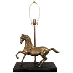 Retro Mid-Century French Brass Horse Mounted on Stone Table Lamp