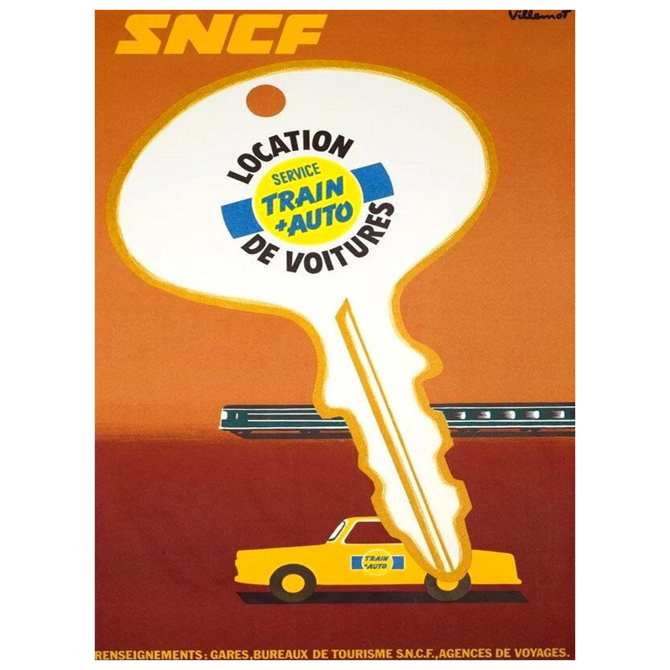1974 SNCF - Rail & Auto - Villemot Poster originale d'epoca