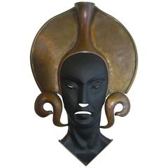 Decorative Mask of Embossed Copper and Black Lacquer, Mexico, circa 1950