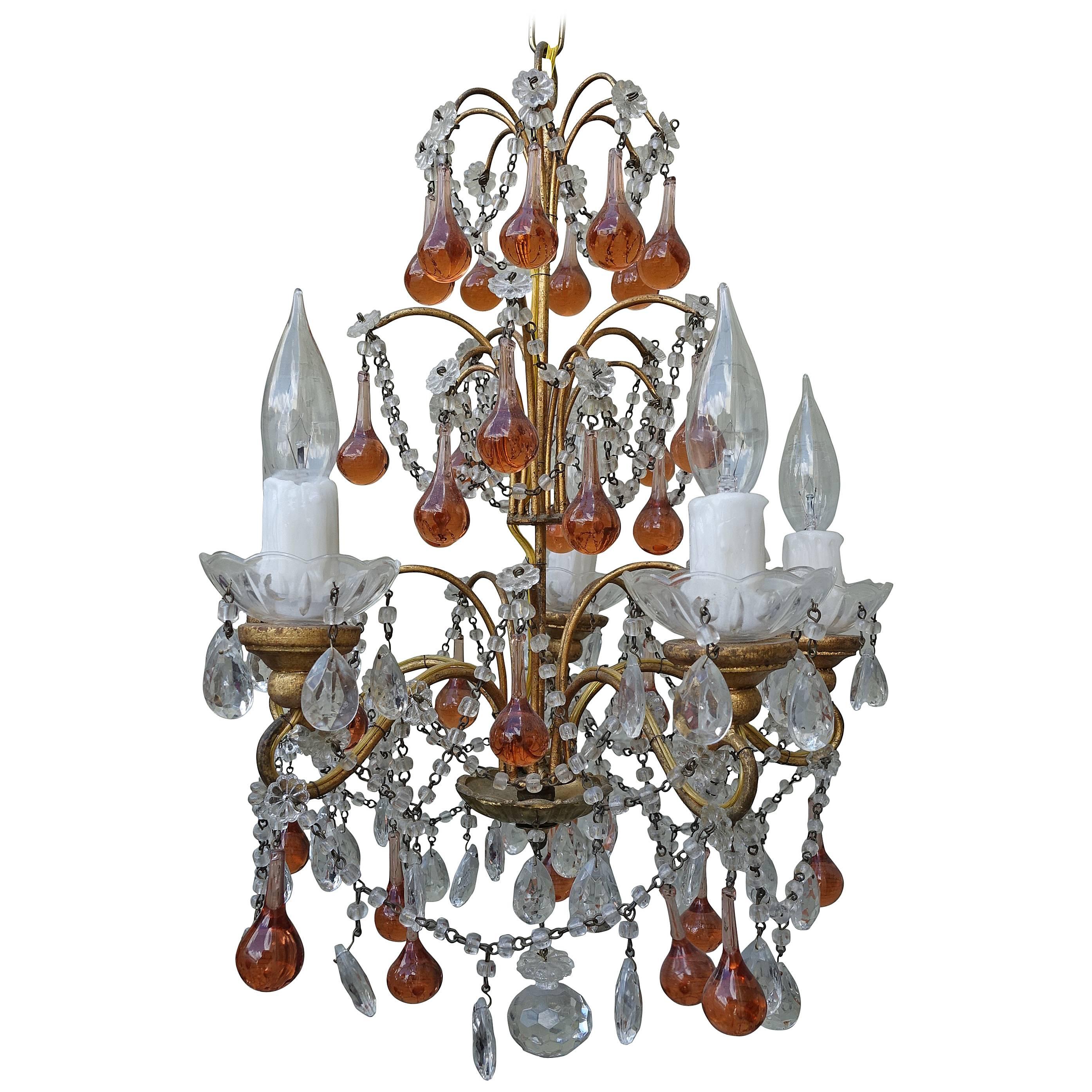 French Crystal Beaded Chandelier w/ Amber Drops