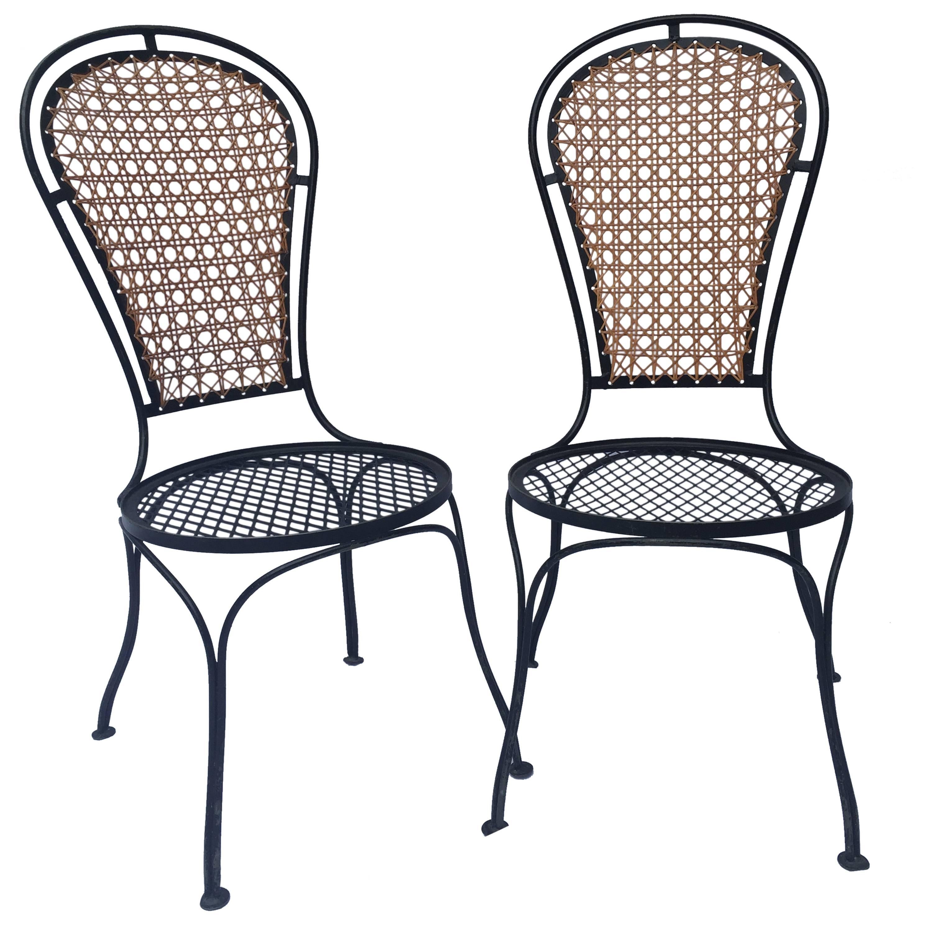Vintage Pair of Salterini-Esque Iron and Cane High Balloon Back Style Chairs For Sale