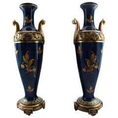 Antique Pair of Large 19th Century Sevres Style Floor Vases in Beautiful Darkblue Color