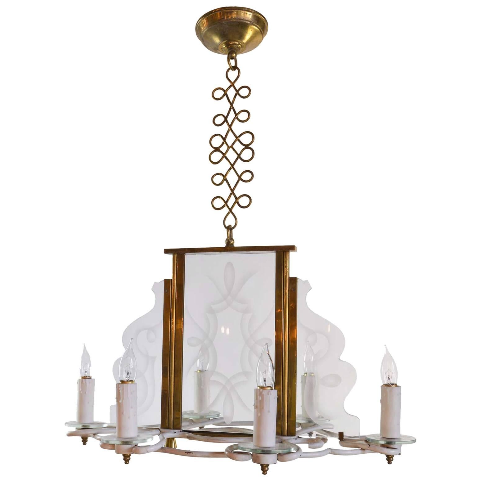 Mid Century Six Candle Chandelier with  Etched Glass Panels