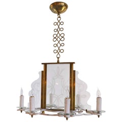 Mid Century Six Candle Chandelier with  Etched Glass Panels