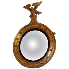 Antique American Federal Gilt Convex Mirror with Perched Eagle to Flee, Circa 1810