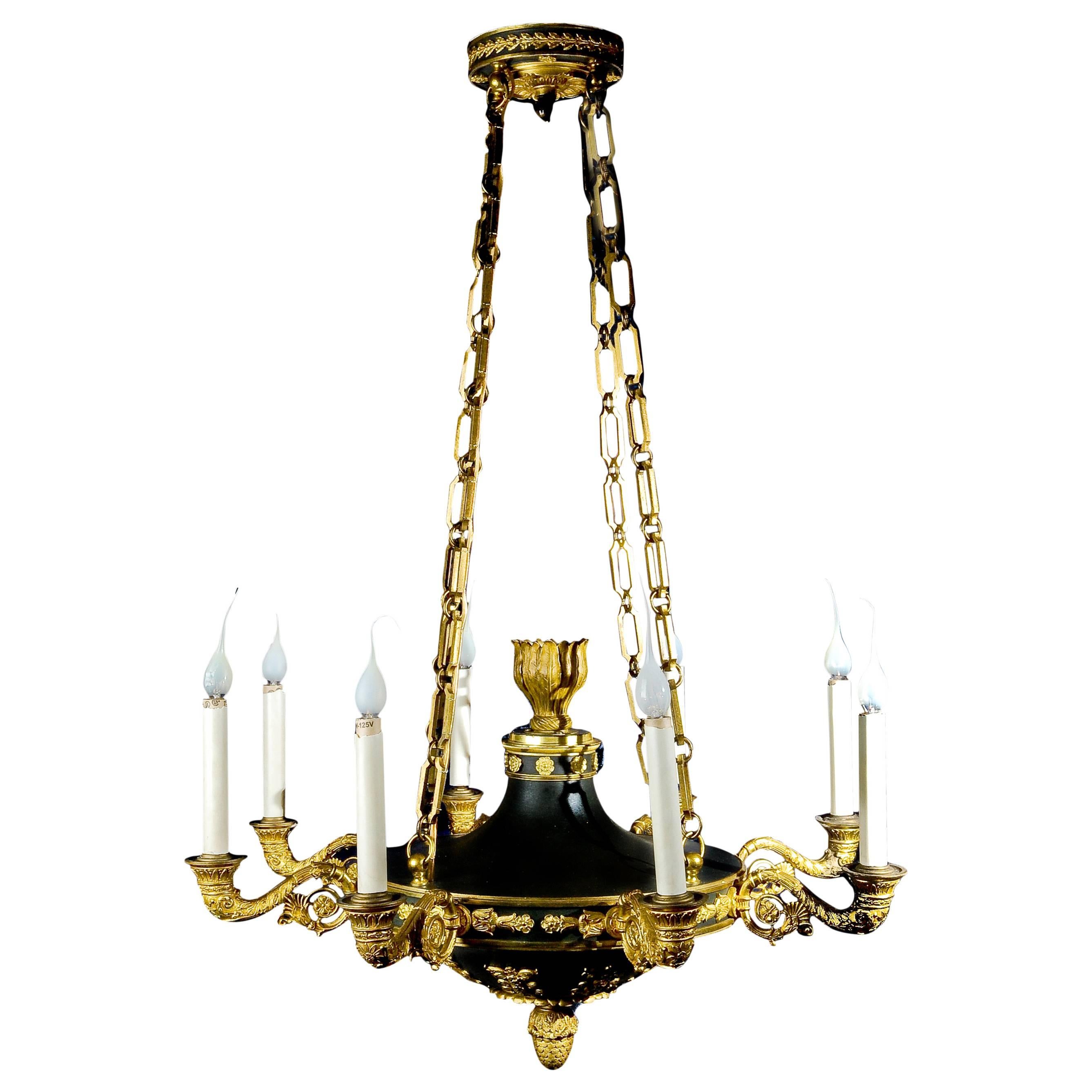 Fine Antique French Empire Neoclassical Gilt and Patina Bronze Chandelier