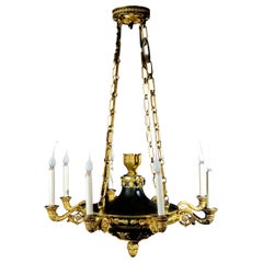 Fine Antique French Empire Neoclassical Gilt and Patina Bronze Chandelier