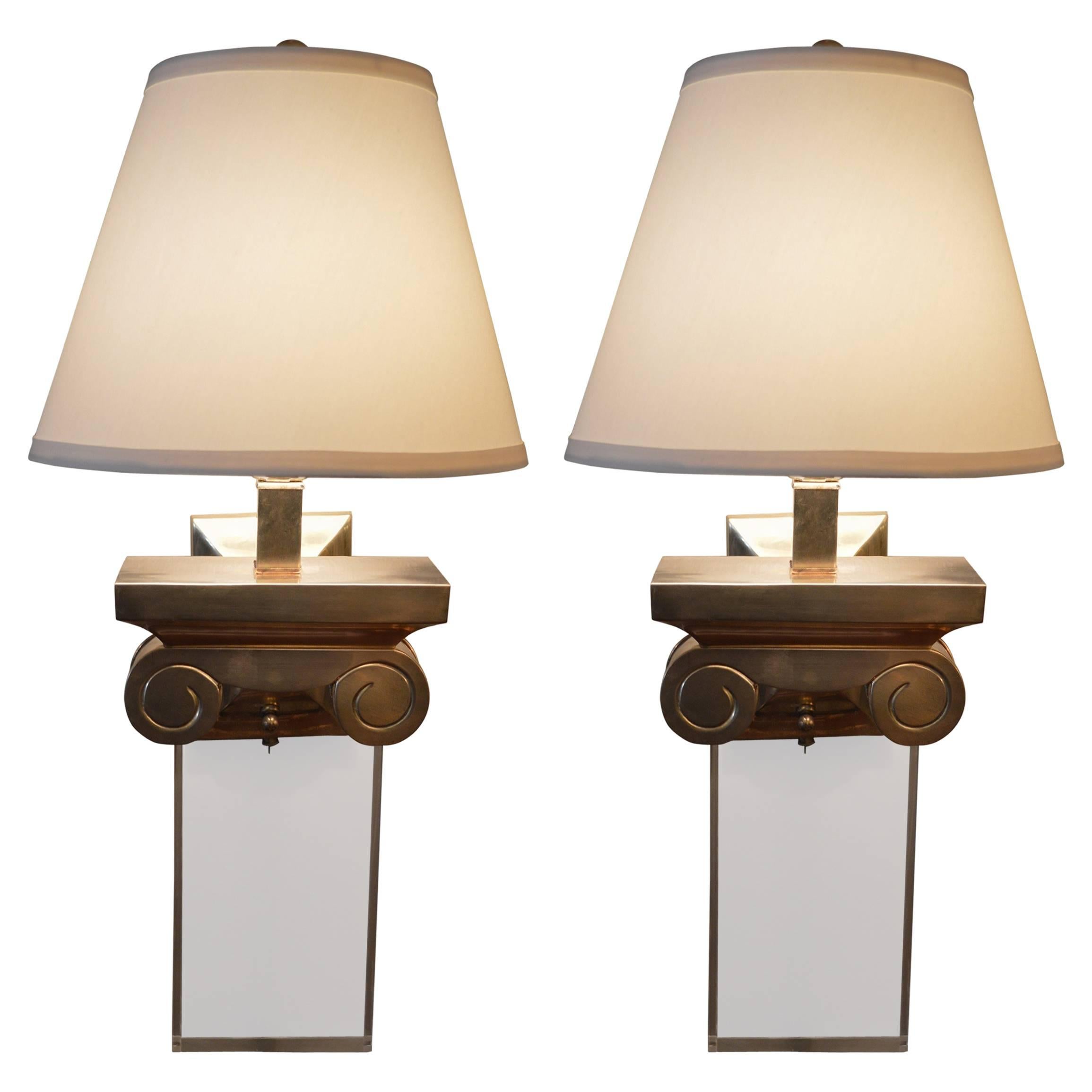 Pair of Italian Capitol Brass and Acrylic Sconces For Sale