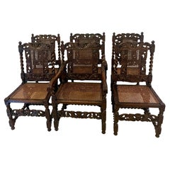 Ensemble de six chaises de salle à manger victoriennes anciennes en chêne sculpté