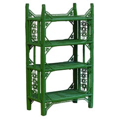 Small four-shelf green bookshelf in handwoven rattan, 1970s