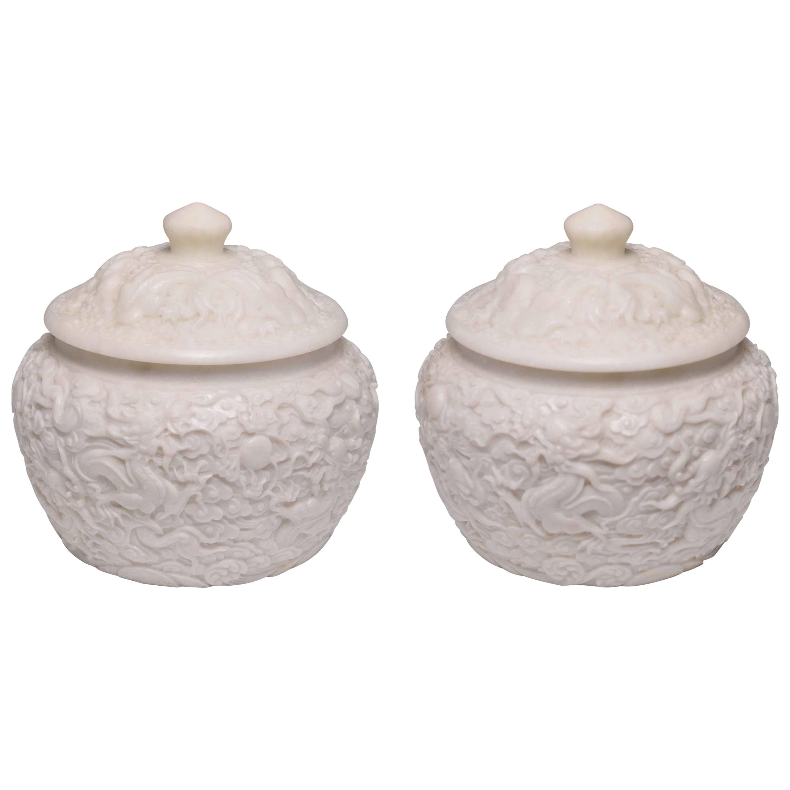 Pair of Fine Carved White Jade Stone Jars with Covers