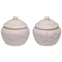 Vintage Pair of Fine Carved White Jade Stone Jars with Covers