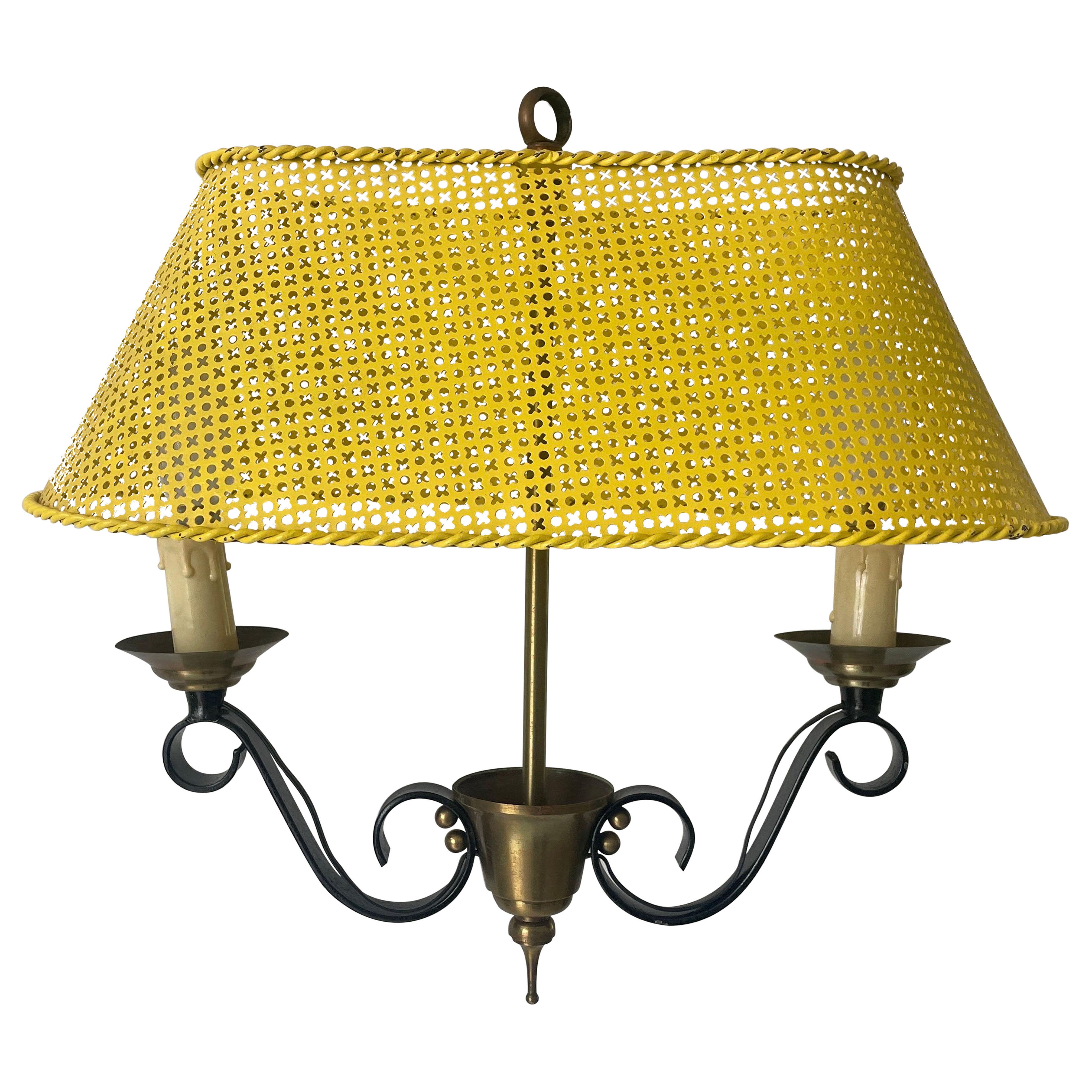 2-arms French Ceiling Lamp with Large Yellow Shade, 1950s, France