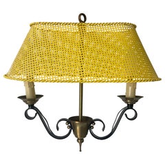 2-arms French Ceiling Lamp with Large Yellow Shade, 1950s, France