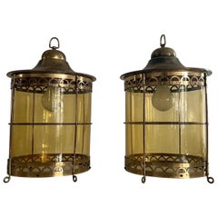 Yellow Glass and Brass Lantern Shape Pair of Table Lamps, 1950s, France