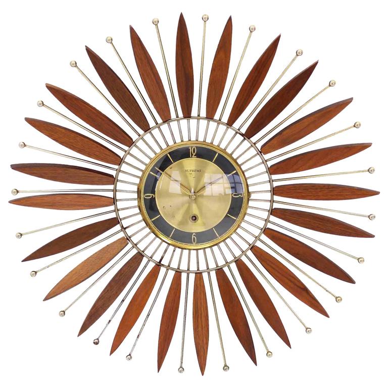 Beautiful Walnut Sunburst Mechanical Wind Up Wall Clock at 1stDibs