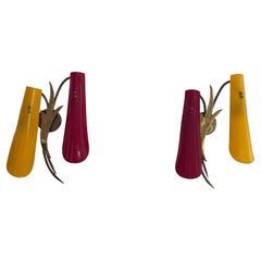 Red and Yellow Plexiglass Shade and Brass Pair of Sconces, 1950s, Italy
