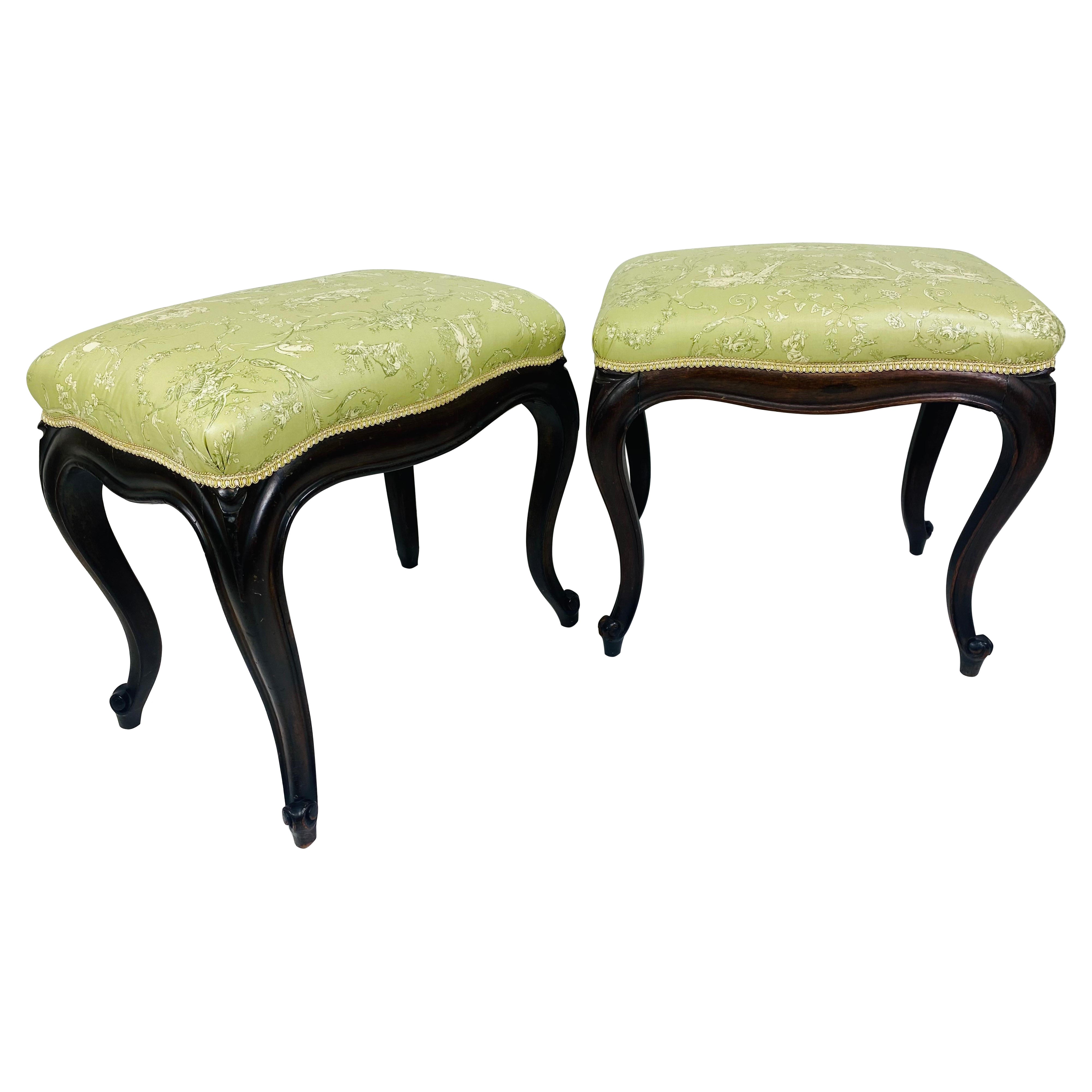 Antique hand carved newly upholstered French country benches/a pair