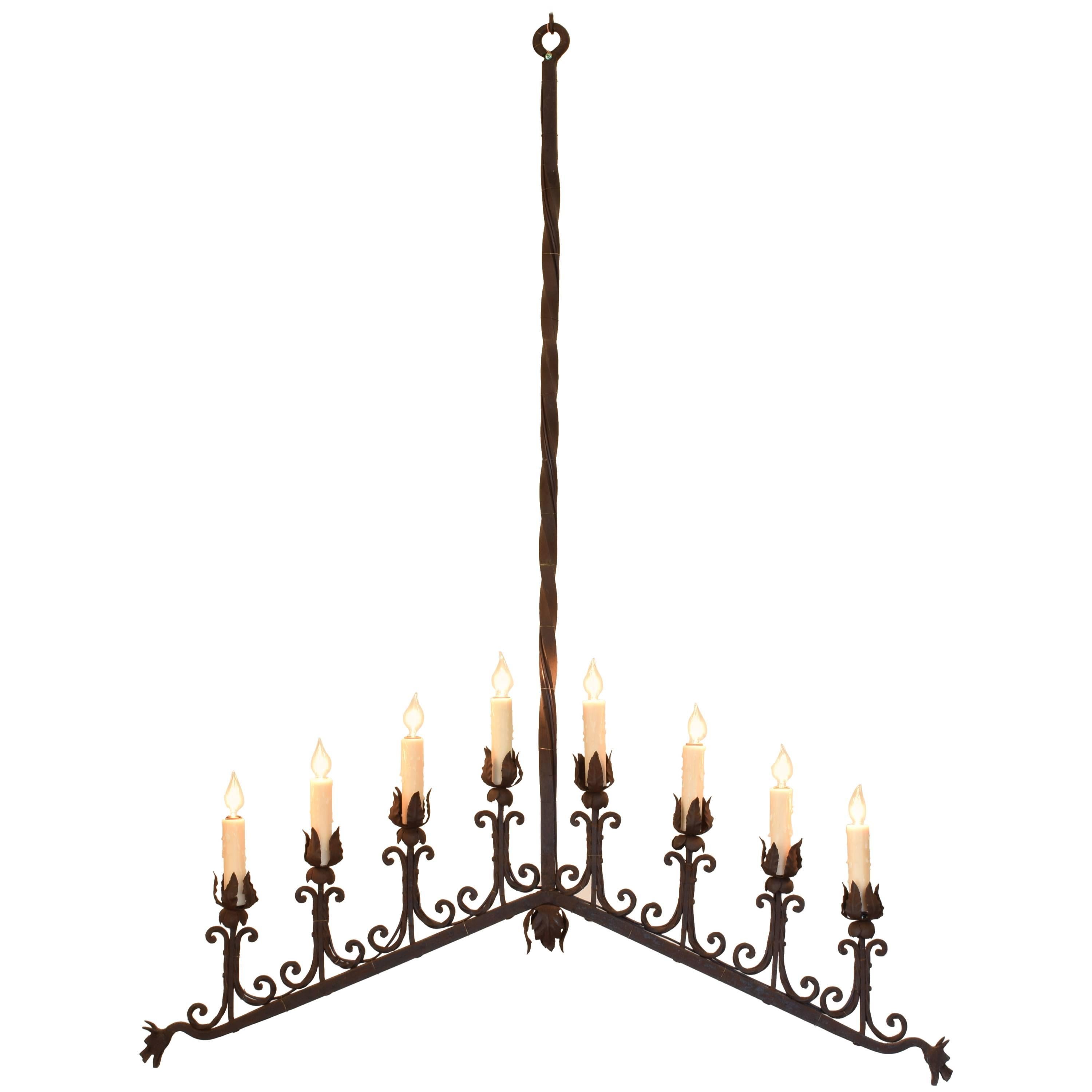 Italian Wrought Iron Chevron Shaped Linear Eight-Light Chandelier, UL Listed