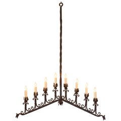 Antique Italian Wrought Iron Chevron Shaped Linear Eight-Light Chandelier, UL Listed