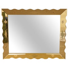 Large Hollywood Regency Venetian Peach Amber Glass Scallop Edge Wall Sofa Mirror