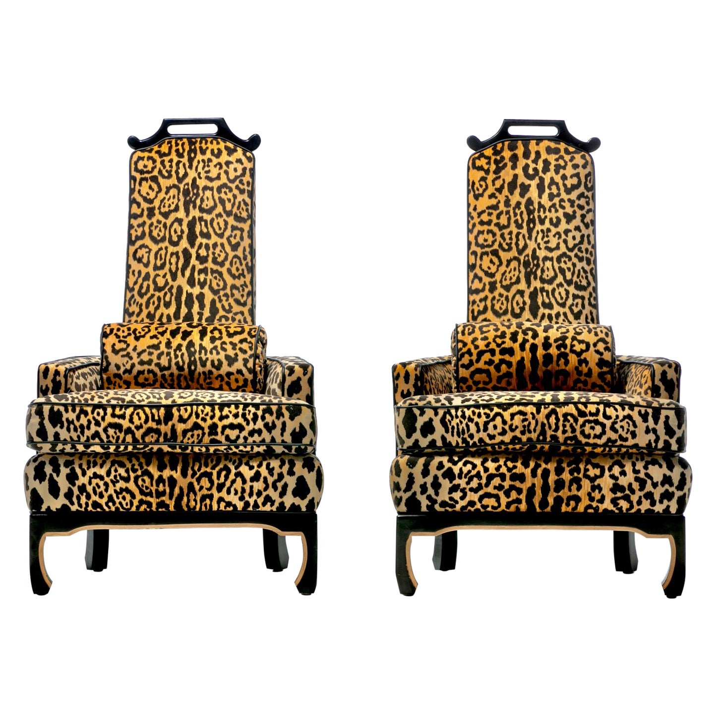 Pair of 1960s Hollywood Regency Chairs in Leopard Velvet & Black Leather Piping