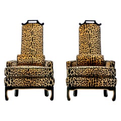 Pair of 1960s Hollywood Regency Chairs in Leopard Velvet & Black Leather Piping
