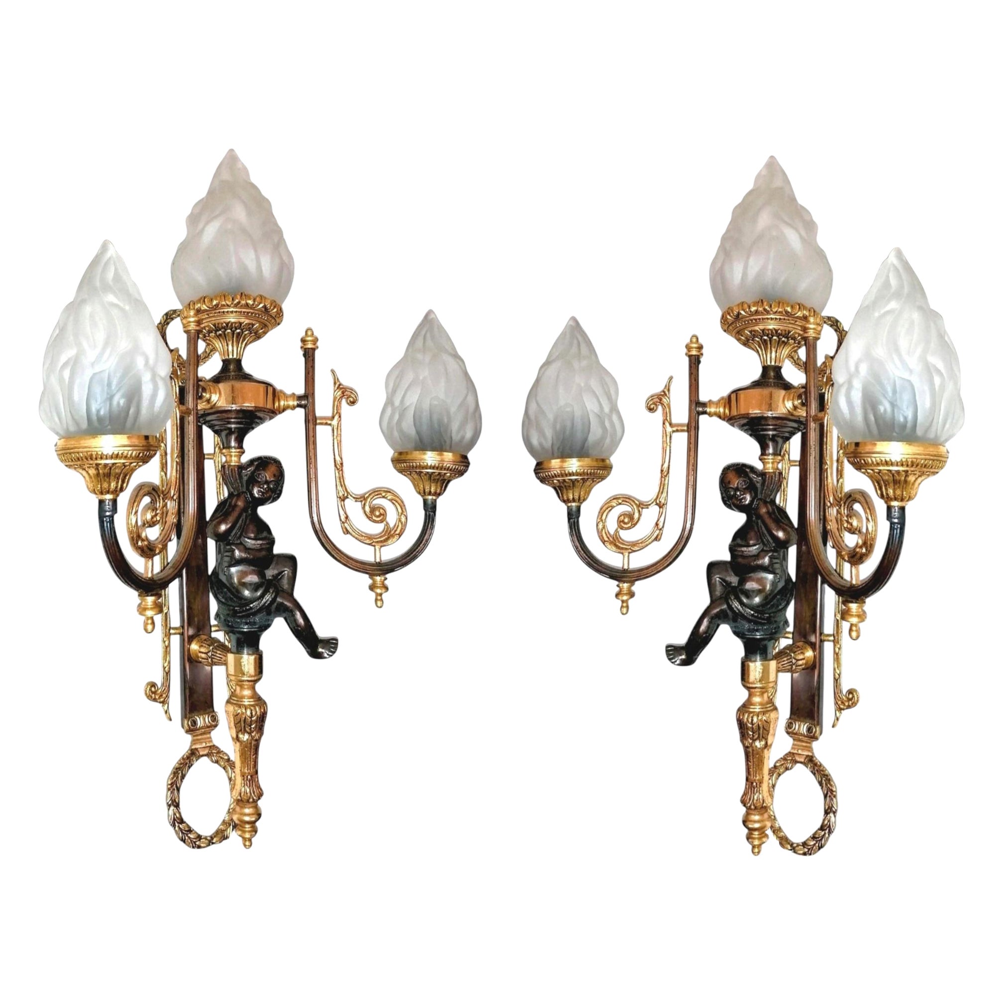 Pair of French Empire Gilt Bronze Wall Sconces with Cherub Putti – Napoleon III