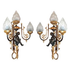 Pair of French Empire Gilt Bronze Wall Sconces with Cherub Putti – Napoleon III