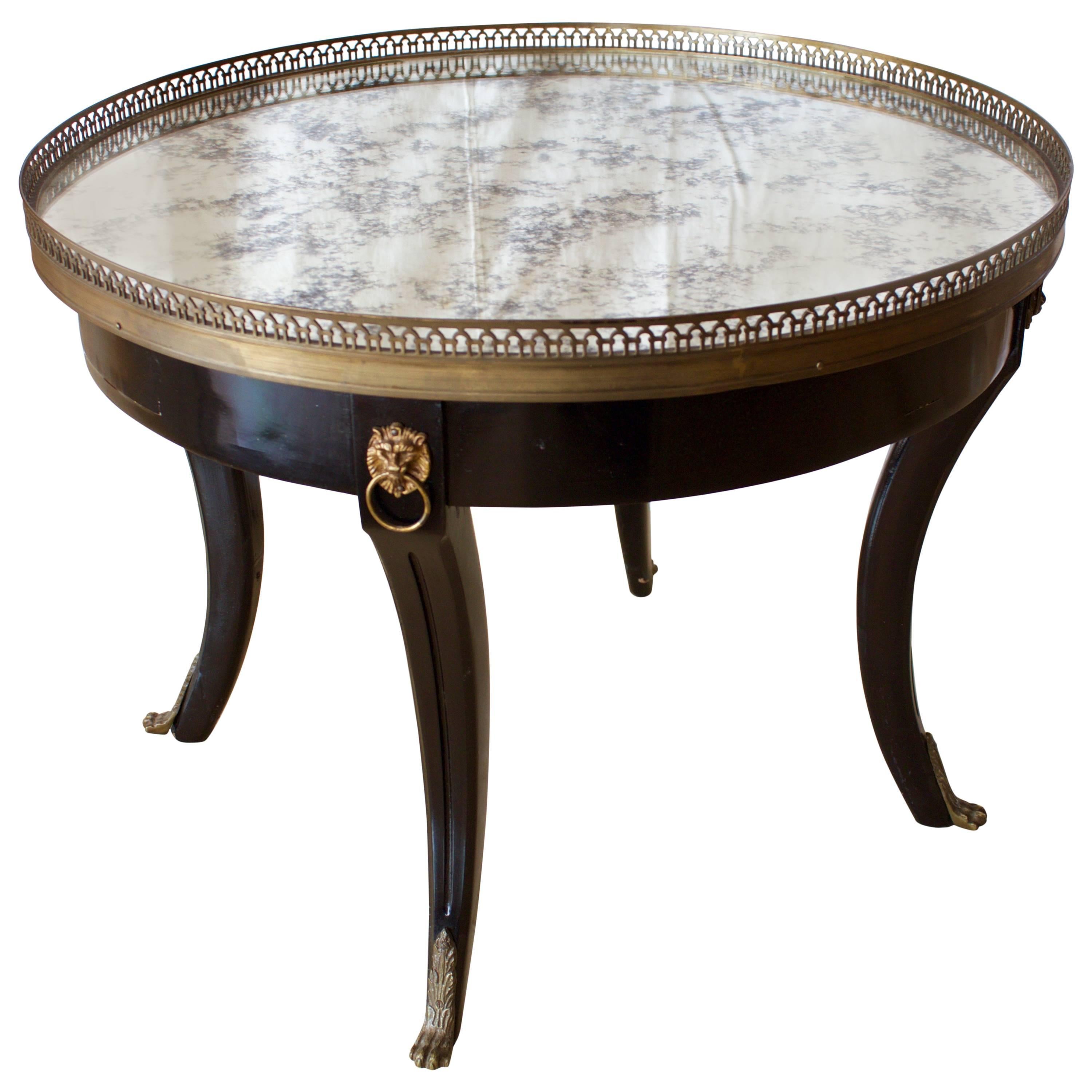 French Ebonized Round Occasional or Coffee Table with Antique Silvered Mirror to For Sale