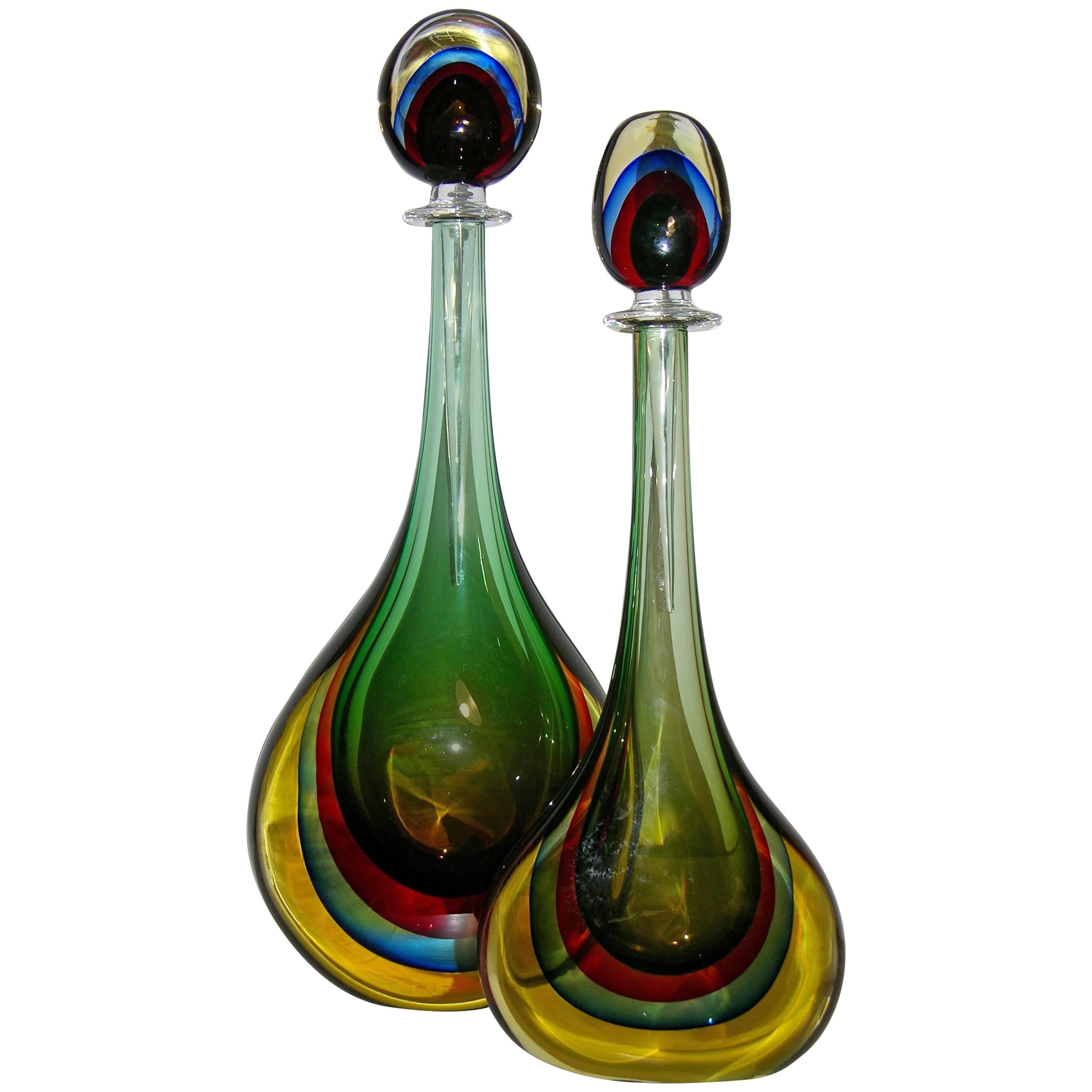 Formia Modern Italian Red Blue Yellow and Green Murano Glass Monumental Bottles 