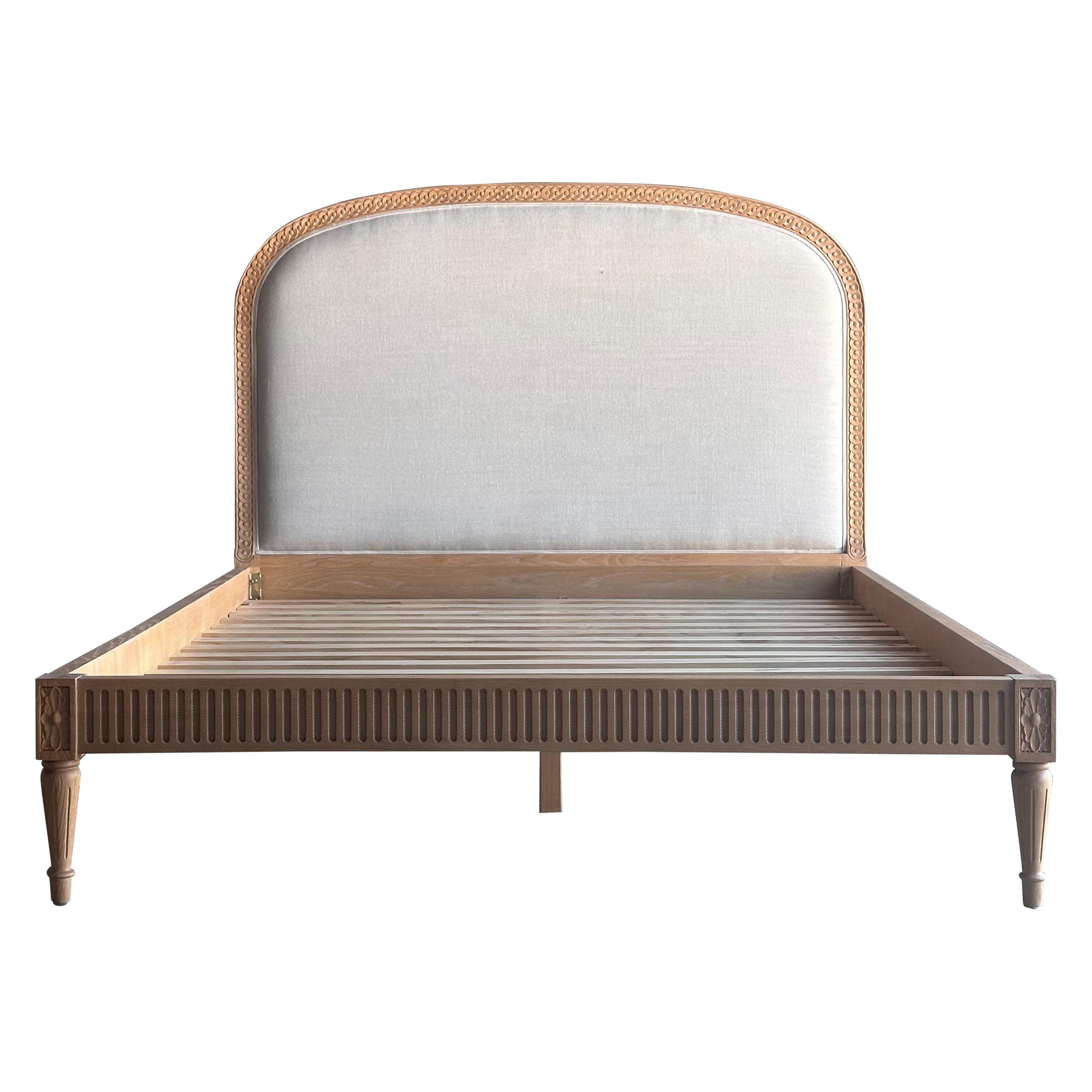 Solid Oak French Carved Queen Size Bed Upholstered in Natural Linen