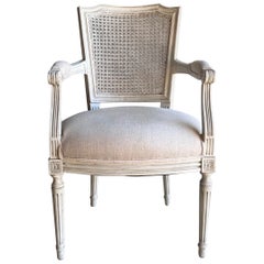 Vintage French Style Painted Cane and Upholstered Arm Chair