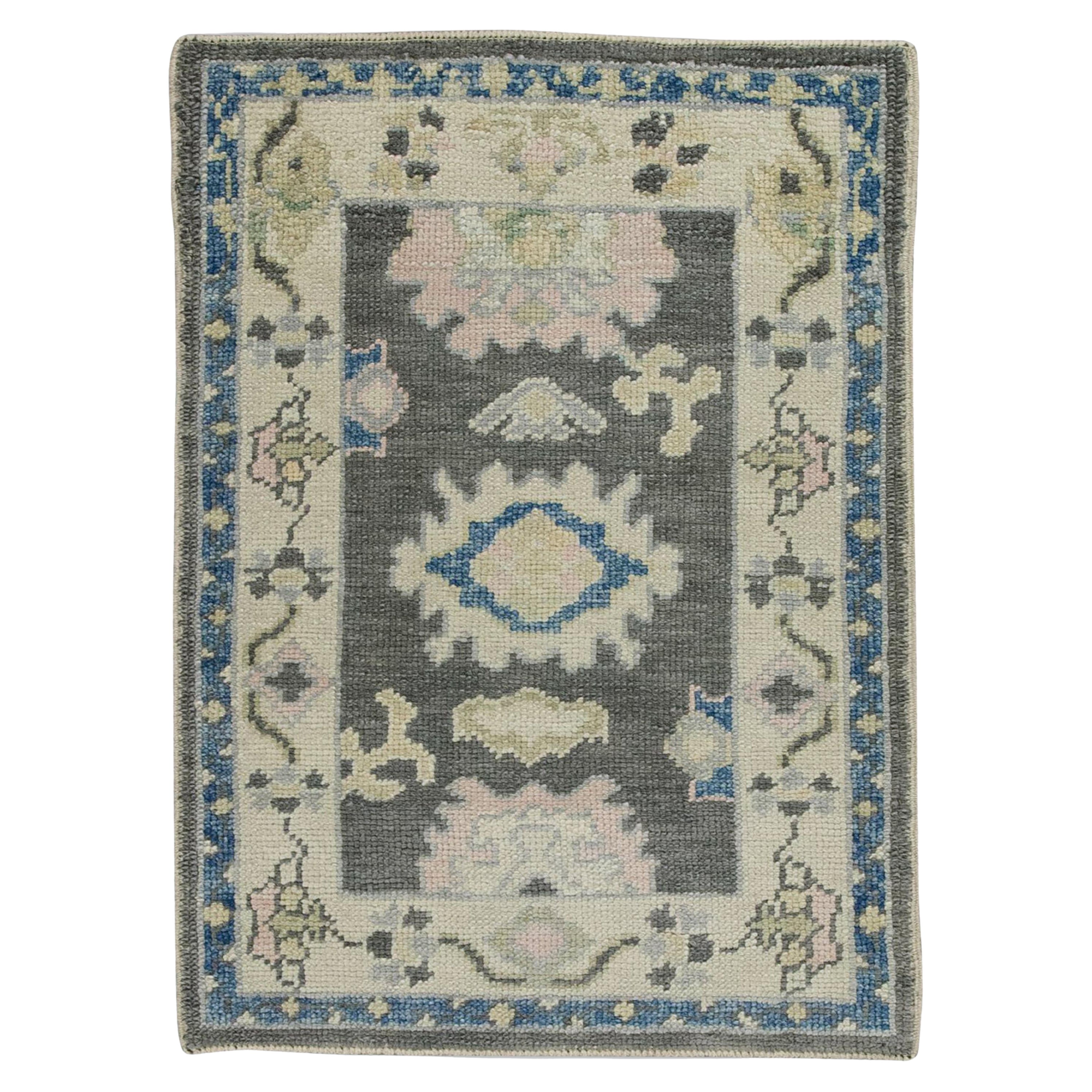 Turkish Oushak Rug Handwoven Gray Blue & Pink Wool 2'2" x 3' For Sale