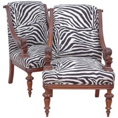 Pair of Upholstered French Napoleon III Bergères with Carved Dolphin circa 1870