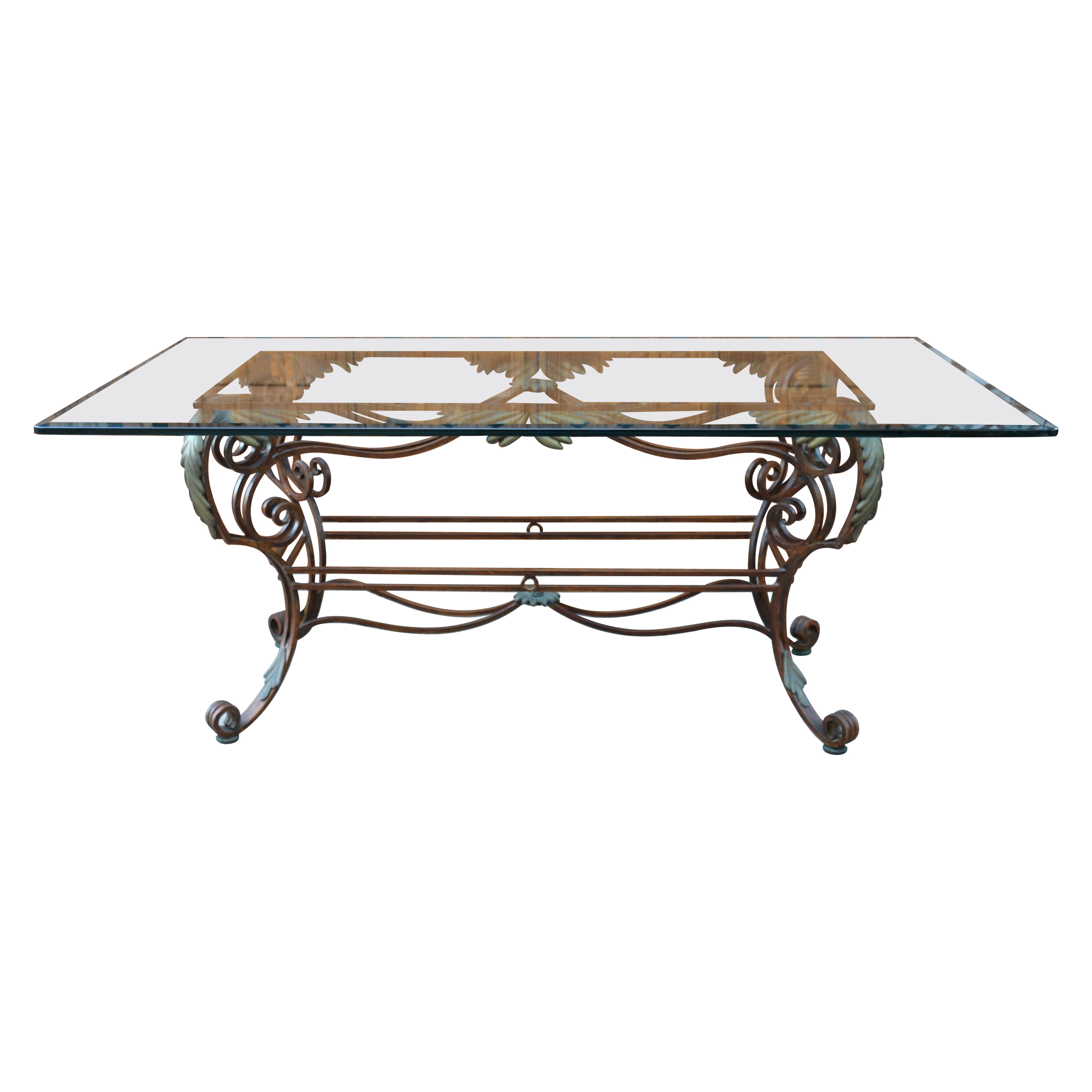 Table de salle à manger italienne sculpturale vintage en laiton et métal, et plateau en verre