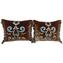 Pair of Italian Appliqued Silk Velvet Pillows