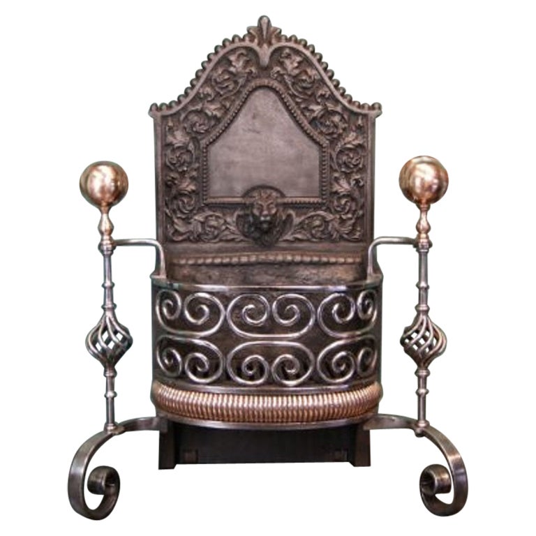 Grande grille de cheminée Arts & Crafts en fer forgé poli et bronze en vente