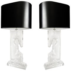 1970 Vintage Overscale Lucite Brutalist Table Lamp, Pair