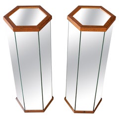 1970's Mirror & Oak Hexagon Art Pedestals 30" Tall